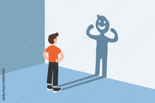 self-esteem, self love communication concept, confidence young man standing in front of  happy healthy shadow on wall , motivation , cartoon vector 