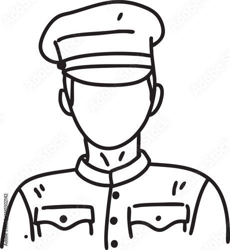A uniformed individual wearing a peaked cap stands attentively.