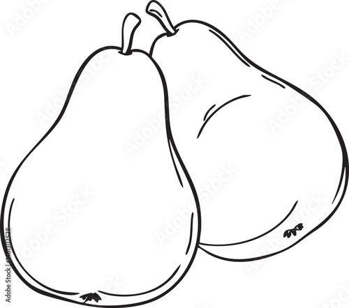 Two pears rest side-by-side in a simple black and white sketch.