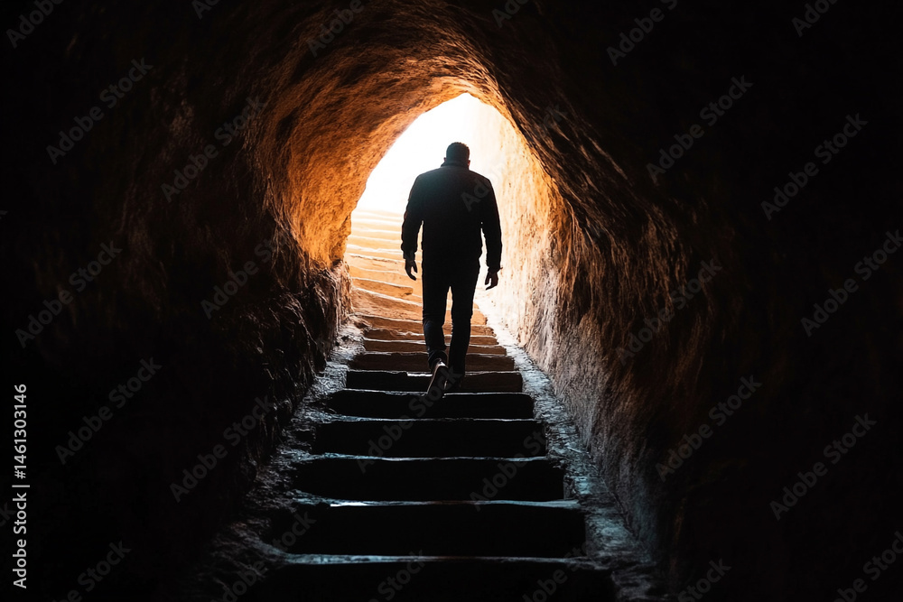 Fototapeta premium Man walking up stone steps towards light in dark cave