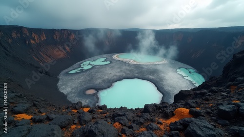 Rugged volcanic landscape with craters