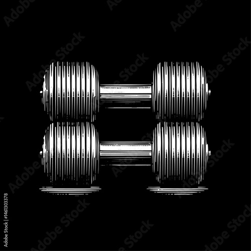 Dumbbells in Woodcut Style, Black and White,  Fitness and Strength Training, Against Black Background