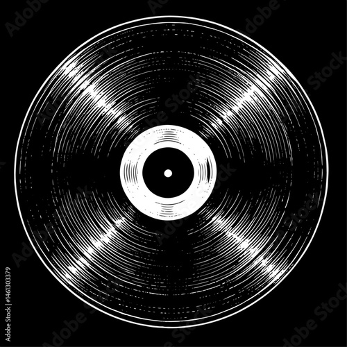 Vinyl Record Etching Style Illustration in Black and White, Representing Music and Audio Media