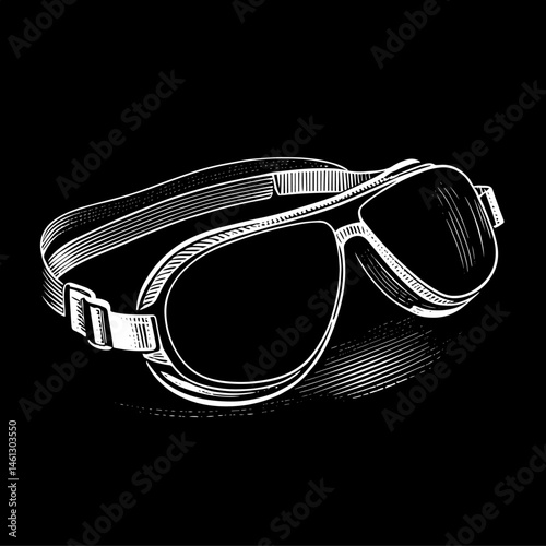 Vintage goggles in woodcut style, black and white, protective eyewear or retro design, against black background