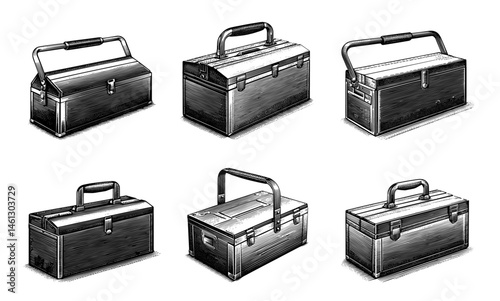 toolboxes set  in black and white woodcut style
