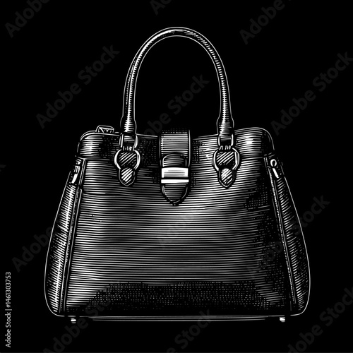 Woman's handbag in detailed black and white engraving style, fashion accessory, against black background