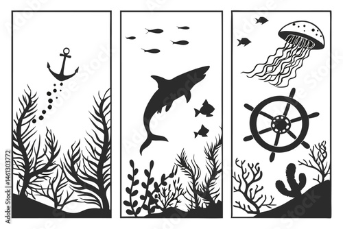 65 Underwater silhouette scenes, black and white aquarium illustrations, marine life silhouettes, coral reef shadows, seaweed and algae patterns, ocean floor landscapes, tropical fish outlines, shark 