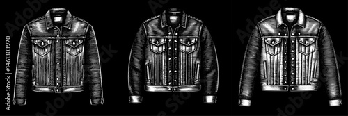 denim jackets in woodcut illustration style, black and white, representing vintage fashion or casual outerwear, against a black background.
