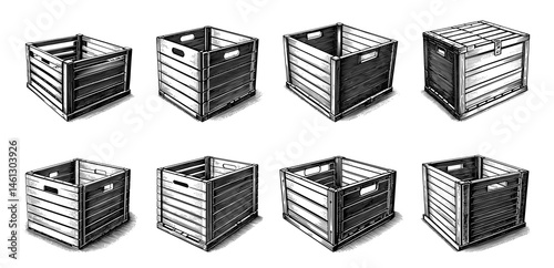 wooden crates in monochrome drawing style, black and white, representing storage containers or rustic decor