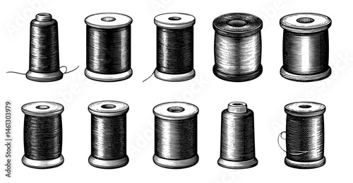 thread spools in vintage woodblock print style, black and white, representing sewing or crafting supplies