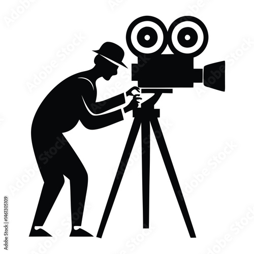 Photographer Black and white vector silhouette of a cameraman isolated on white background