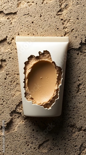 Beige Moisturizer Tube with Cream Trail on Light Beige Background