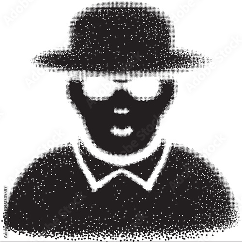 A shadowy figure wears a hat and glasses creating an enigmatic silhouette.