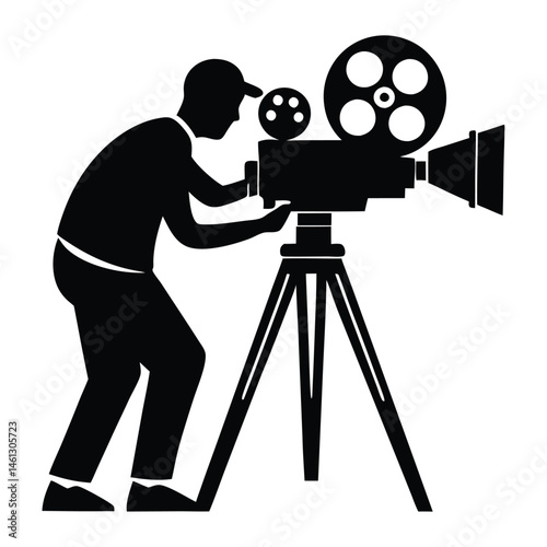 Photographer Black and white vector silhouette of a cameraman isolated on white background