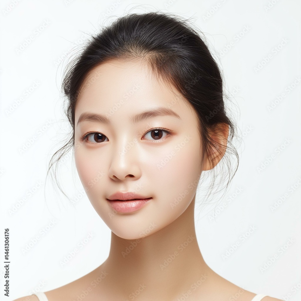 A serene portrait of a young woman with natural beauty and minimal makeup, showcasing healthy skin.