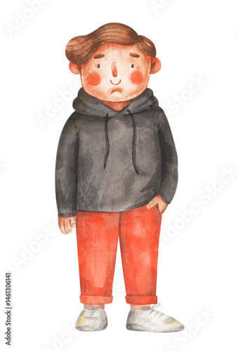 Handsome cartoon young man. Watercolor illustration of teenage boy in casual clothes. Hand-drawn picture isolated on white background for greeting card