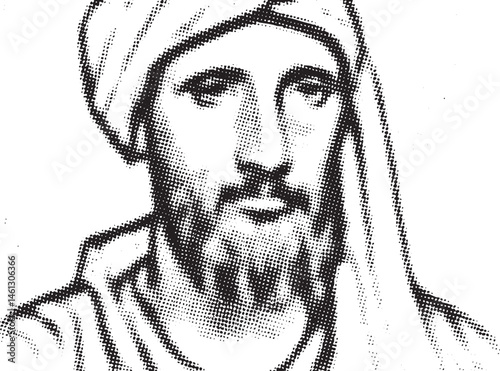 A grayscale portrait depicts a man with a beard and a hooded robe gazing intently.