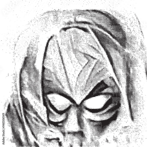 A grayscale portrait depicts a figure wearing a mask showcasing intense eyes and a shadowed face.