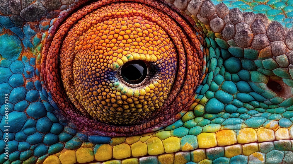 Fototapeta premium Brightly colored chameleon displays detailed eye patterns with a mix of orange, blue, and green. The textures and scales are vividly highlighted, showcasing the unique features of this reptile