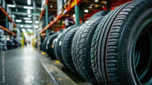 Wallpaper Mural A busy tire warehouse displays neatly organized rows of tires on shelves. Workers are seen preparing tires for distribution. The facility is brightly lit and spacious Torontodigital.ca