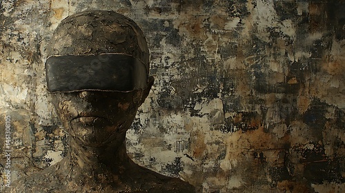 Conceptual sculpture of a blindfolded figure against textured backdrop art