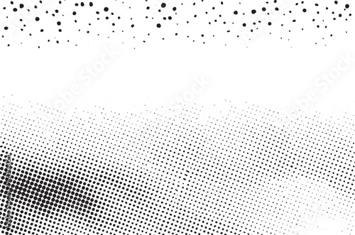 A black and white halftone with scattered dots creates a dynamic texture.