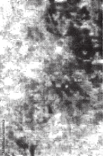 A grayscale portrait of a person's face appears as a textured dotted