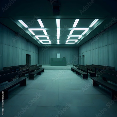 Step into imposing courtroom chamber designed with strict alignment precise wood paneling and authoritative presence
