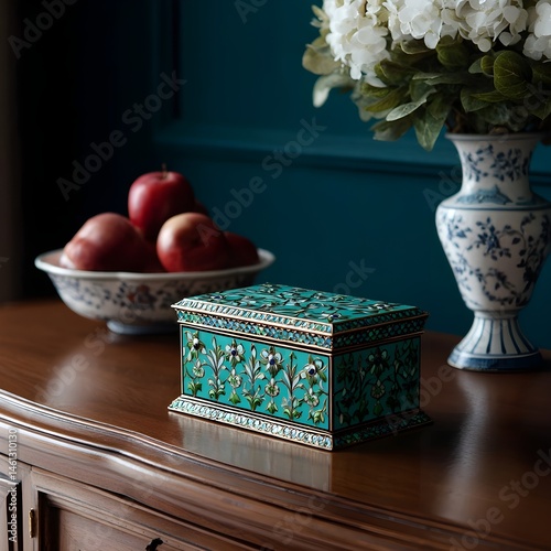 Store treasures in enameled decorative box featuring sharp contrasting designs for secure elegance and style