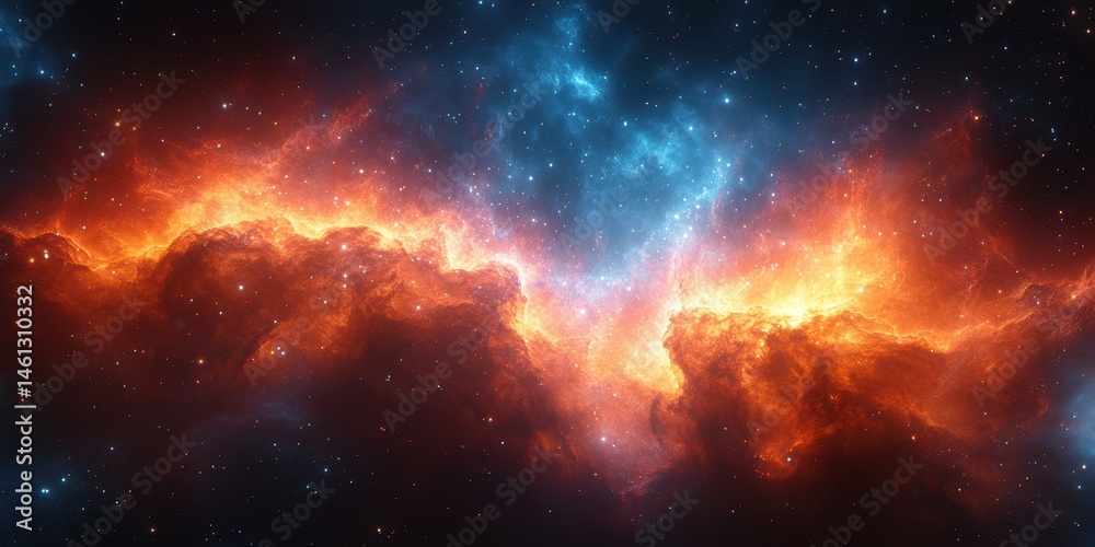 Fototapeta premium Vibrant cosmic nebula illuminated by distant stars in deep space view