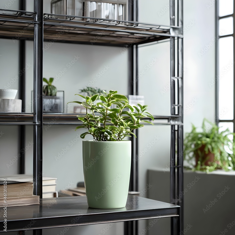 Fototapeta premium Modernize Your Space With Mint Green Ceramic Planters And Industrial Steel Shelving For Trendy Decor