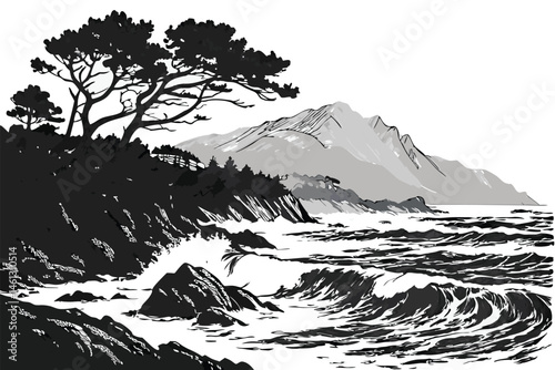 66 Black and white illustration, high contrast, ocean waves, mountains, coastal landscape, dramatic seas, rocky shore, turbulent water, silhouette of trees, detailed linework, woodcut style, scenic vi
