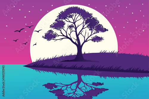 67 Vibrant neon sunset, silhouette of lone tree on island, large white moon, calm reflective water, gradient purple and blue sky, digital art, vector style, minimalist landscape, synthwave aesthetics,