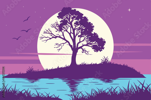67 Vibrant neon sunset, silhouette of lone tree on island, large white moon, calm reflective water, gradient purple and blue sky, digital art, vector style, minimalist landscape, synthwave aesthetics,