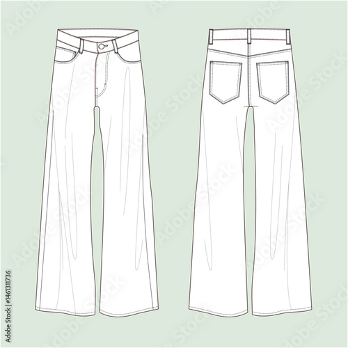 vector illustration, silhouette-high waisted wide leg jeans, outline denim