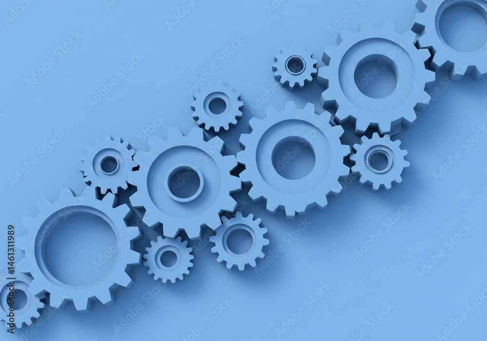 Connecting Gears Arrangement on Light Blue Backdrop Connecting Gears Arrangement on Light Blue Backdrop