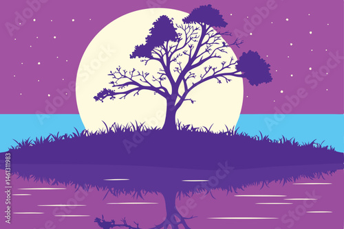 67 Vibrant neon sunset, silhouette of lone tree on island, large white moon, calm reflective water, gradient purple and blue sky, digital art, vector style, minimalist landscape, synthwave aesthetics,