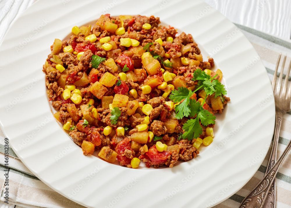 ground beef stew of potatoes and chopped tomatoes ground beef stew of potatoes and chopped tomatoes