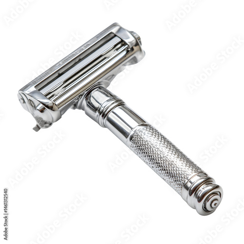 safety razor with silver thunderhead grip, isolated on white background