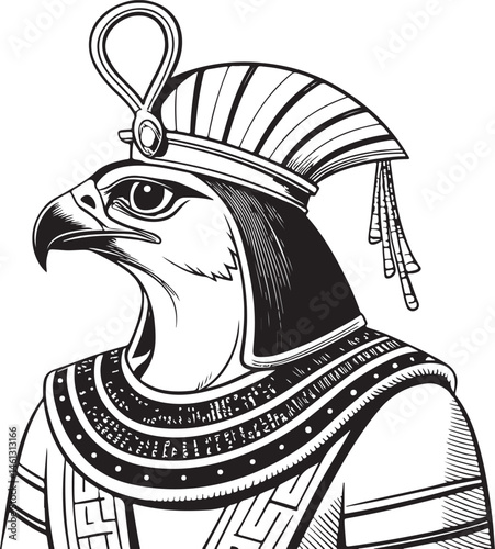 Horus, Egyptian God, Deity of Egypt, Black and White Vector Illustration, Sketch Drawing Line Linear Symbol Icon Engraving, Hand-drawn Isolated