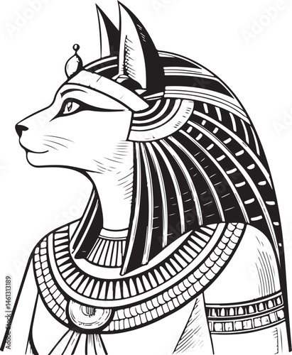 Bastet, Egyptian God, Deity of Egypt, Black and White Vector Illustration, Sketch Drawing Line Linear Symbol Icon Engraving, Hand-drawn Isolated