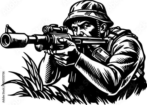 a soldier see through the scope of their rifle in a tense standoff. hunter shooting with rifle