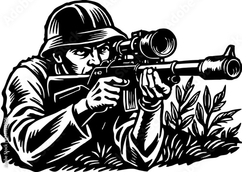 a soldier see through the scope of their rifle in a tense standoff. hunter shooting with rifle