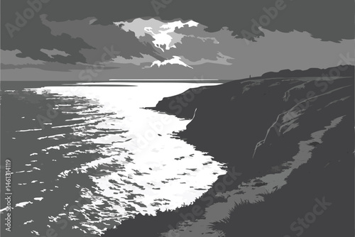 68 Black and white seascape, dark ocean rift, dramatic sunburst through clouds, rippling water surface, high contrast, eerie atmosphere, symmetrical composition, ethereal light, mysterious void, surre