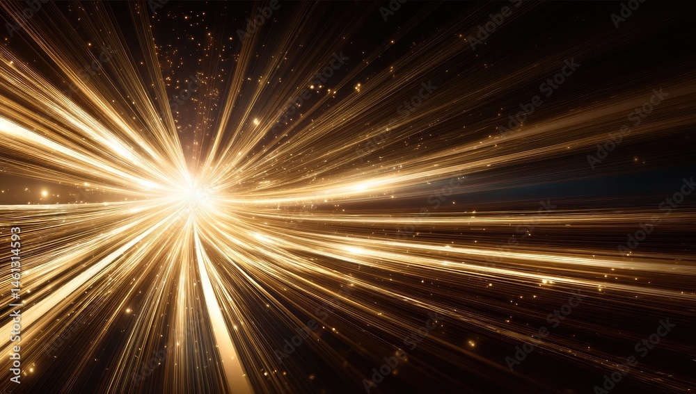 Golden rays explode outward from a central point, creating a dynamic,  powerful effect.  Particles of light trail behind the rays