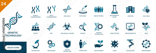 Genetic technology icon. Containing DNA, lab, medical, scientific research, microscope, chromosome. Solid vector icons collection.
