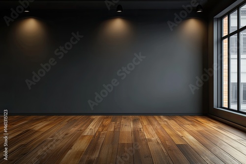 Modern empty room with dark gray walls and wooden floor
