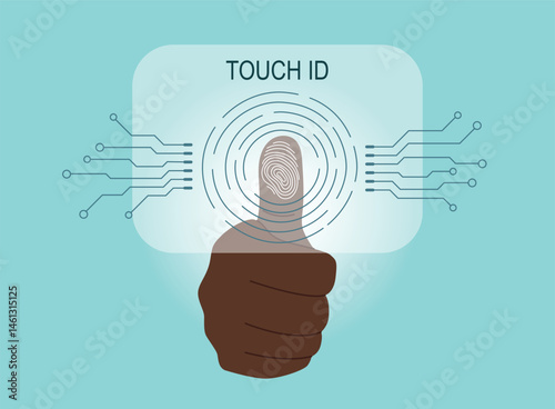 Fingerprint scanning system. Biometric Identification technology concept. Human thumbprint. Personal touch id identity. Unique touch id. Vector hand drawn background.
