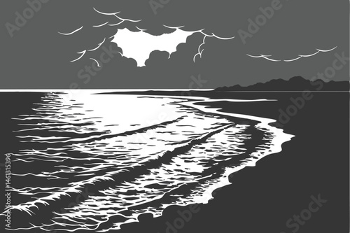 68 Black and white seascape, dark ocean rift, dramatic sunburst through clouds, rippling water surface, high contrast, eerie atmosphere, symmetrical composition, ethereal light, mysterious void, surre