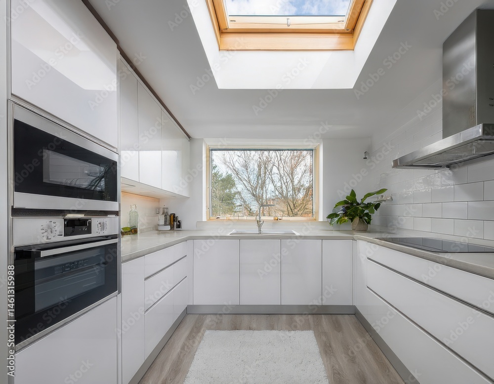 Minimalist all-white kitchen with handleless cabinets, integrated appliances, marble countertops, and a skylight flooding the space with natural light Minimalist all-white kitchen with handleless cabinets, integrated appliances, marble countertops, and a skylight flooding the space with natural light